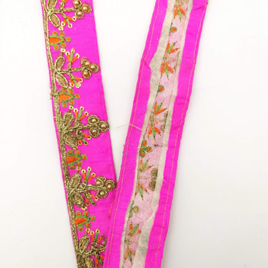 Fuchsia Pink Art Silk Trim In Orange And Gold Embroidery, Approx. 35mm wide, Decorative Trim